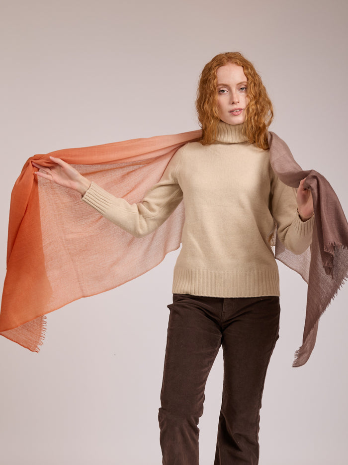 Luca Superfine Cashmere Shawl - Dip-Dyed Burnt Orange/Brown