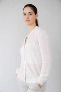 Alice Cashmere Blend Cardigan in White, linen cashmere silk — CAZ Studio