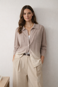 Margot Cashmere Shirt Cardigan in Taupe and Ivory Ombré, crafted in Italy — CAZ Studio