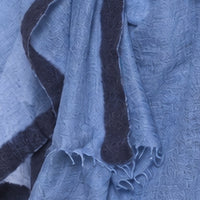 Milo cashmere shawl in Denim Blue, close-up of fabric and navy felted border — CAZ Studio