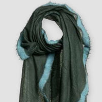 Milo cashmere shawl in Forest Green with light blue felted border, close-up of the drape — CAZ Studio