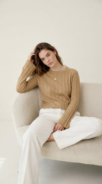 Allegra Cashmere Blend Sweater in Camel, linen cashmere silk — CAZ Studio