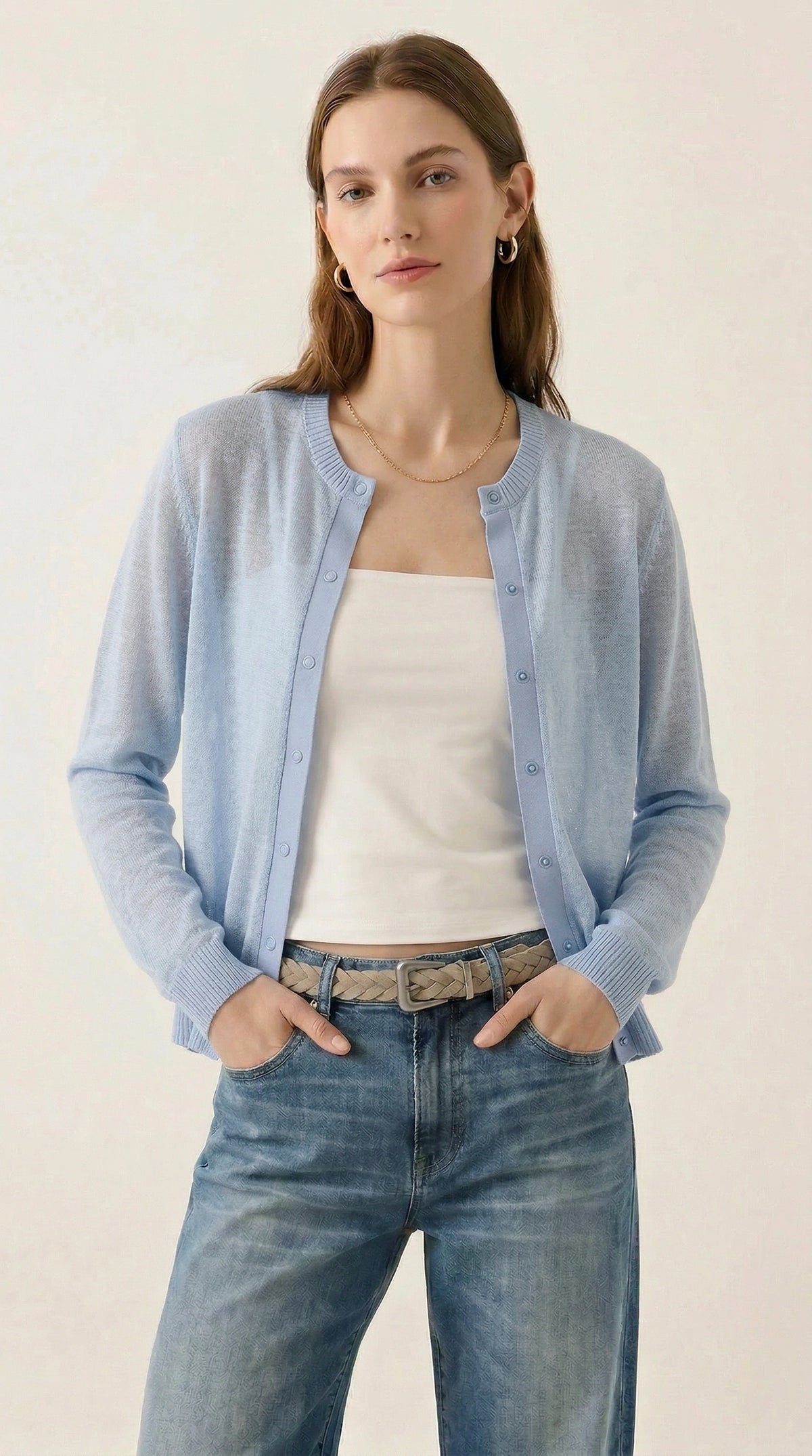 Alice Cashmere Blend Cardigan in Pale Blue, linen cashmere silk — CAZ Studio