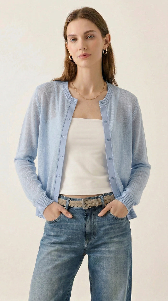 Alice Cashmere Blend Cardigan in Pale Blue, linen cashmere silk — CAZ Studio