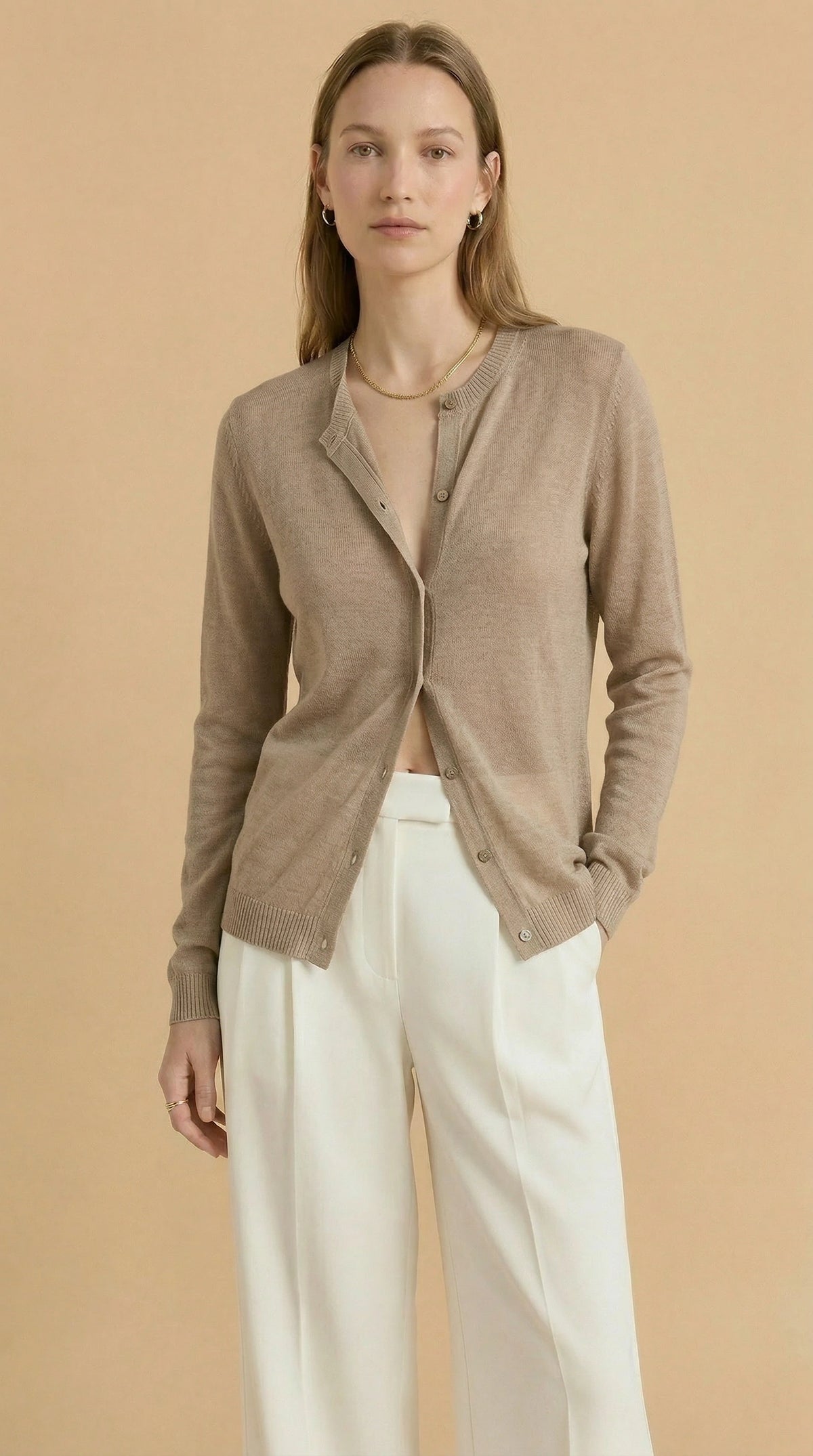 Alice Cashmere Blend Cardigan in Camel, linen cashmere silk — CAZ Studio