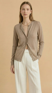 Alice Cashmere Blend Cardigan in Camel, linen cashmere silk — CAZ Studio