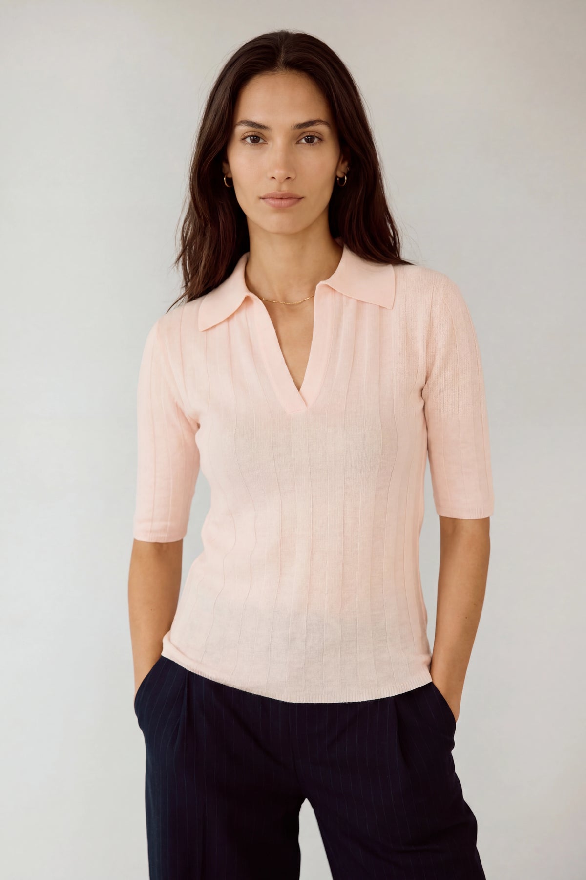Carla Cashmere Blend Polo Top in Pale Pink, linen cashmere silk — CAZ Studio