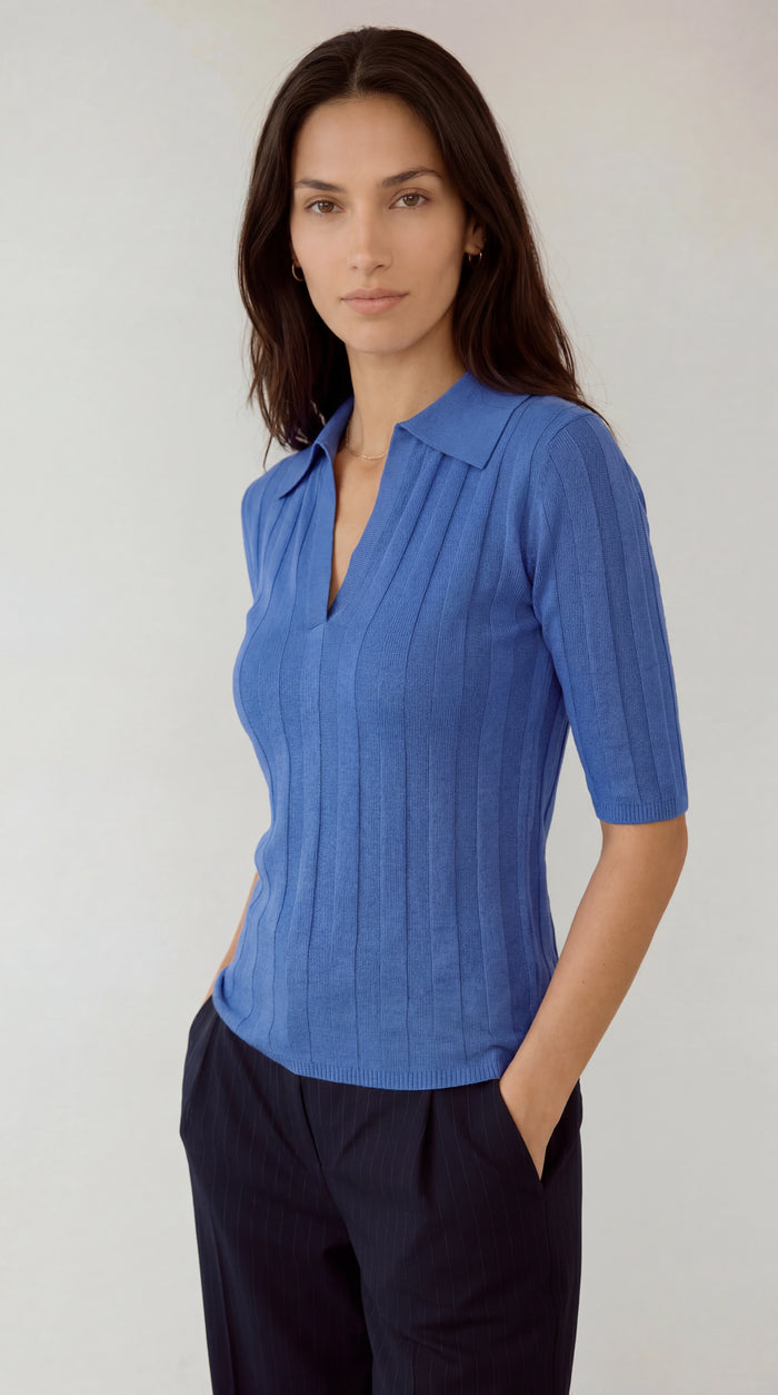 Carla Cashmere Blend Polo Top in Cobalt Blue, linen cashmere silk — CAZ Studio