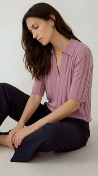 Carla Cashmere Blend Polo Top in Dusty Pink, linen cashmere silk — CAZ Studio