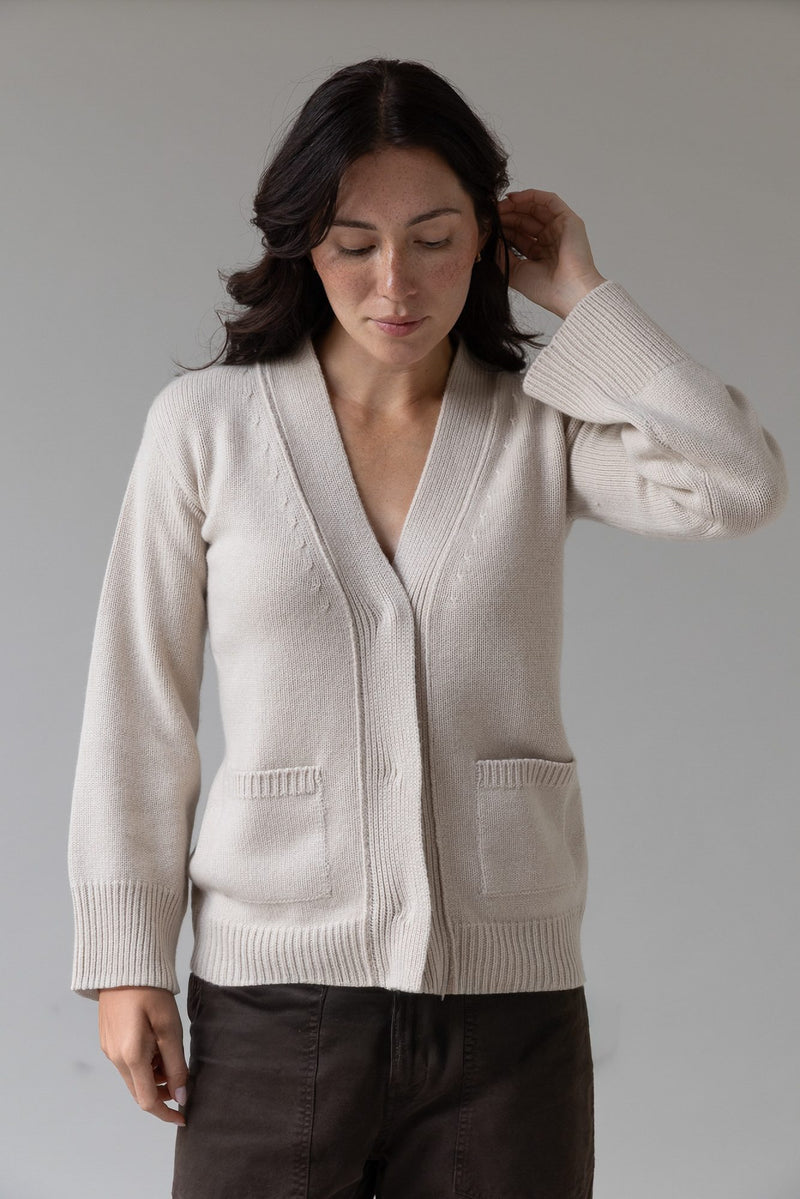 Isabella Cashmere V-Neck Cardigan in Cream, front — CAZ Studio